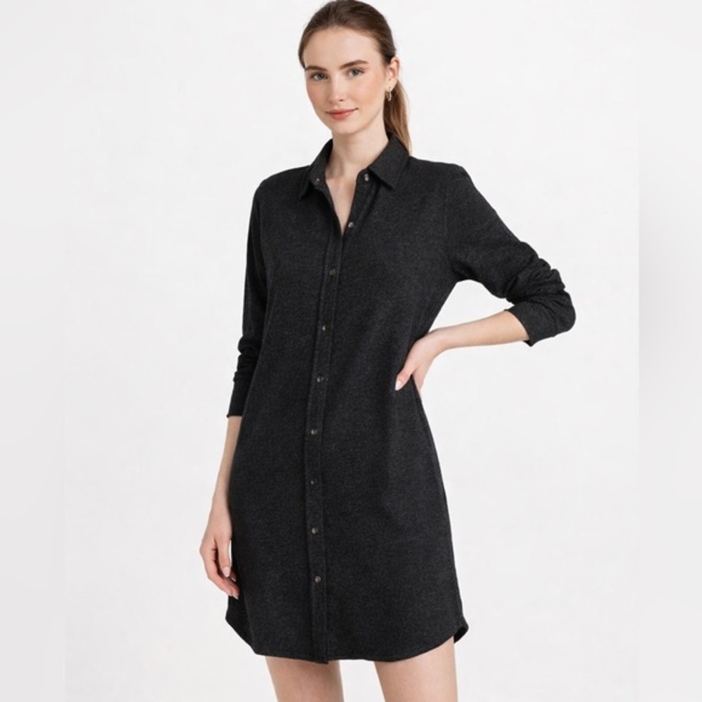 Faherty Legend Sweater Shirt Dress Heathered Black Button Front Long Sleeve XS